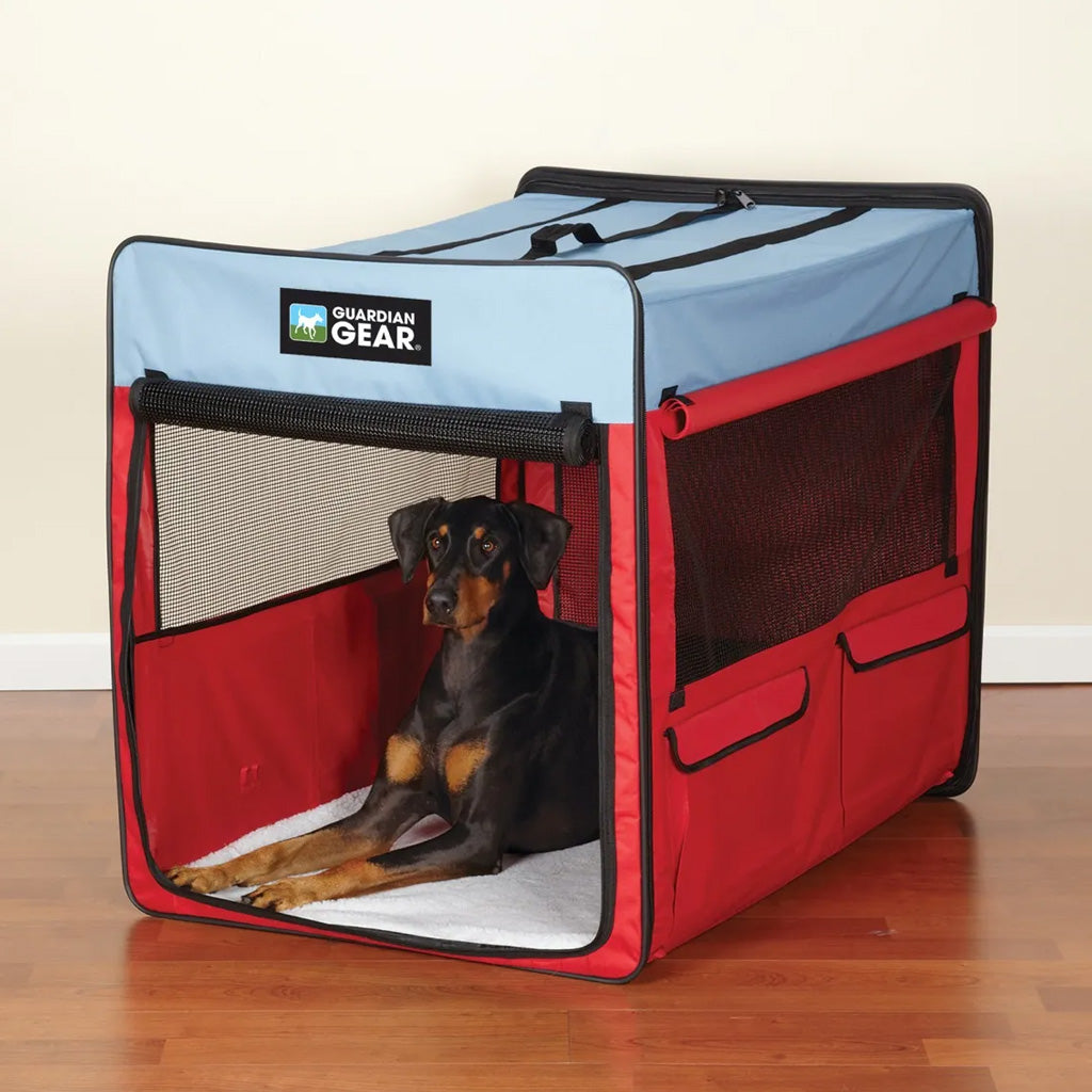 Red and blue pet crate with a dog inside on a wooden floor.
