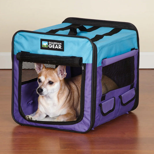 Pet carrier with a dog inside, featuring the Guardian Gear brand.