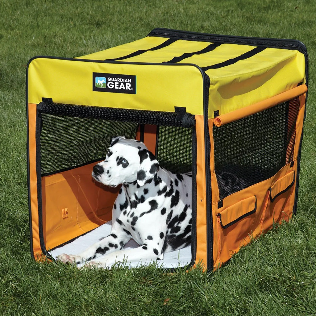 Dog sitting inside a yellow and orange Guardian Gear pet crate on grass