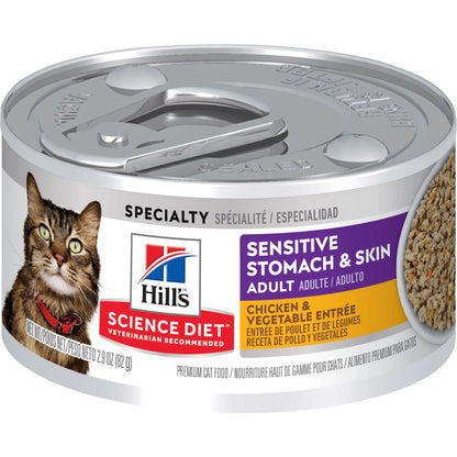 Hill's Science Diet Sensitive Stomach & Skin Canned Cat Food, Chicken & Vegetable Entrée, 2.9 oz, 24 Pack wet cat food