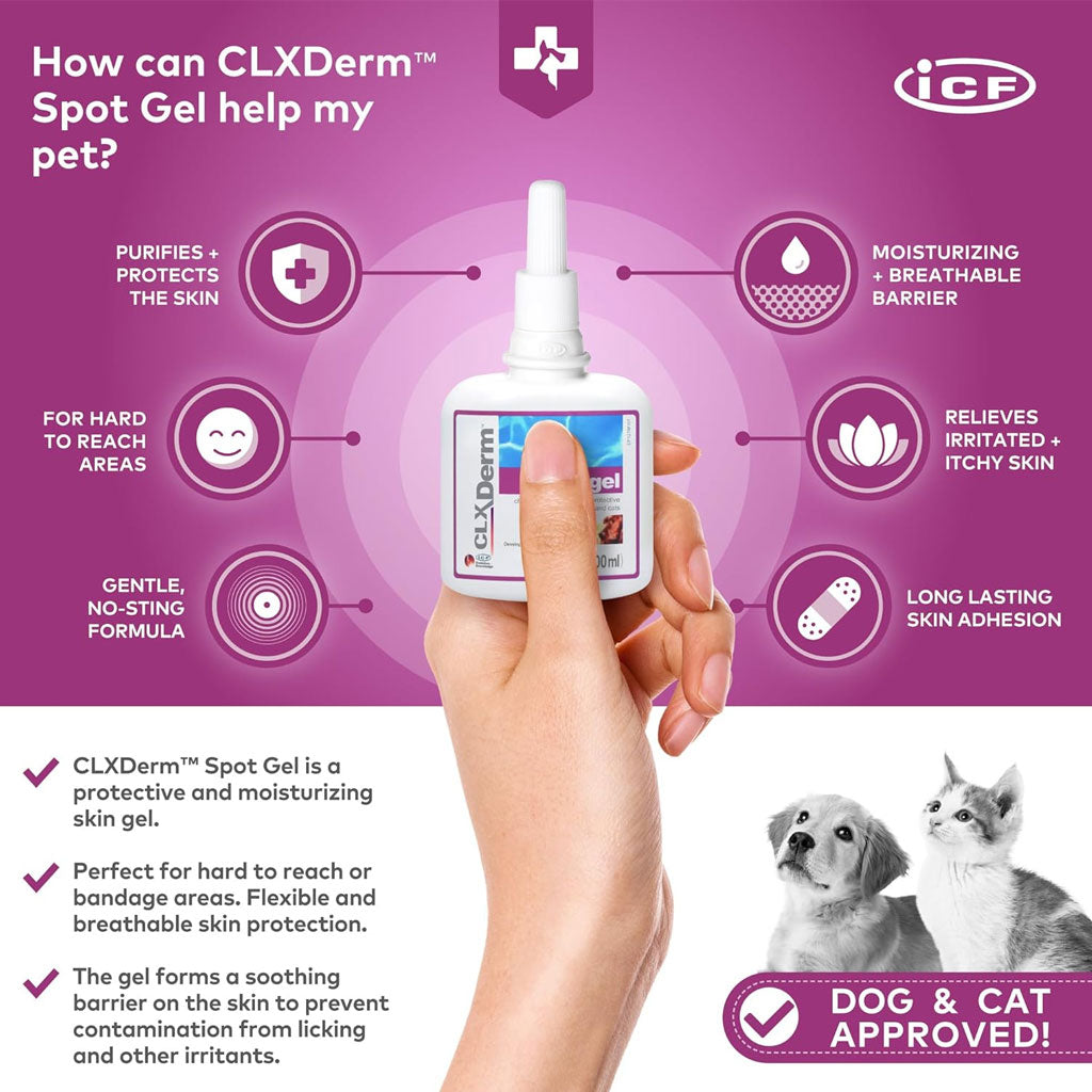 CLX Derm Spot Gel packaging with a hand holding it against a purple background, featuring ICF logo and product benefits.
