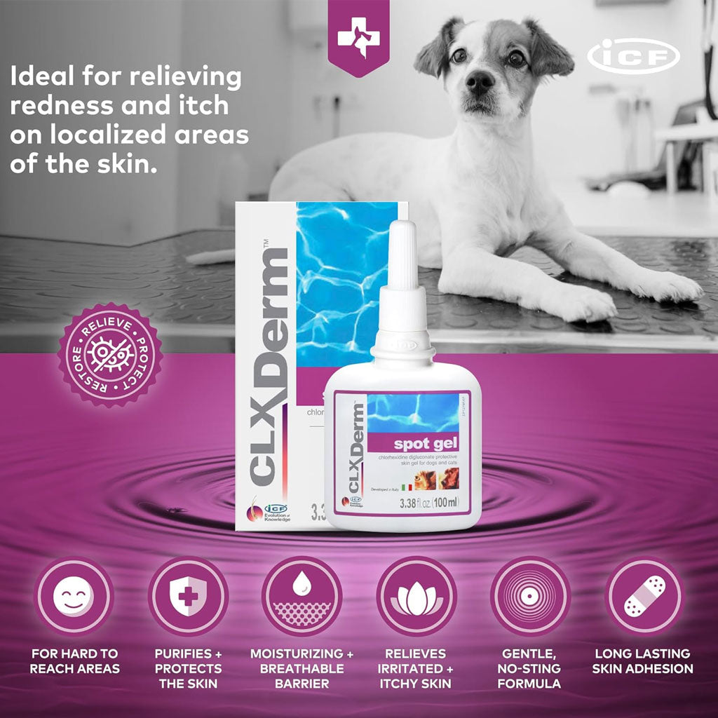 CLX Derm spot gel packaging with a dog on a purple background