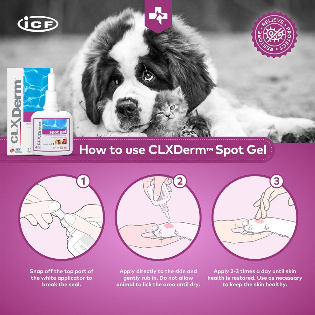 CLX Derm spot gel packaging with a dog and cat, and instructions on a pink background.