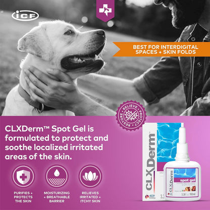 Advertisement for CLX Derm Spot Gel with a dog and person holding the dog, and product packaging displayed.