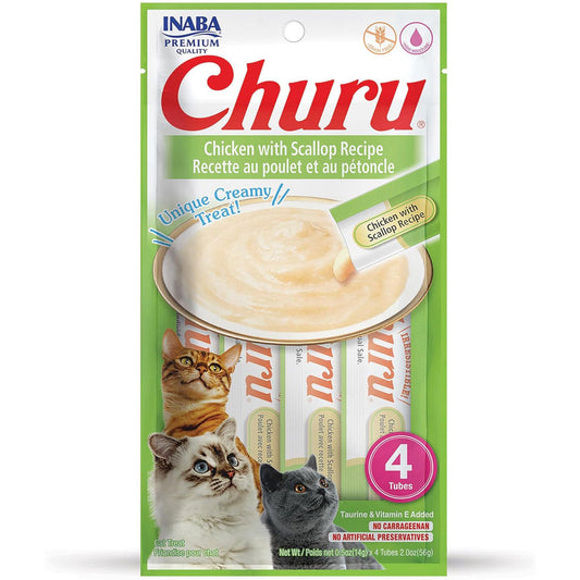 Inaba Churu Chicken with Scallop Puree Grain-Free Lickable Treat for Cats, 0.5-oz x 4-tubes