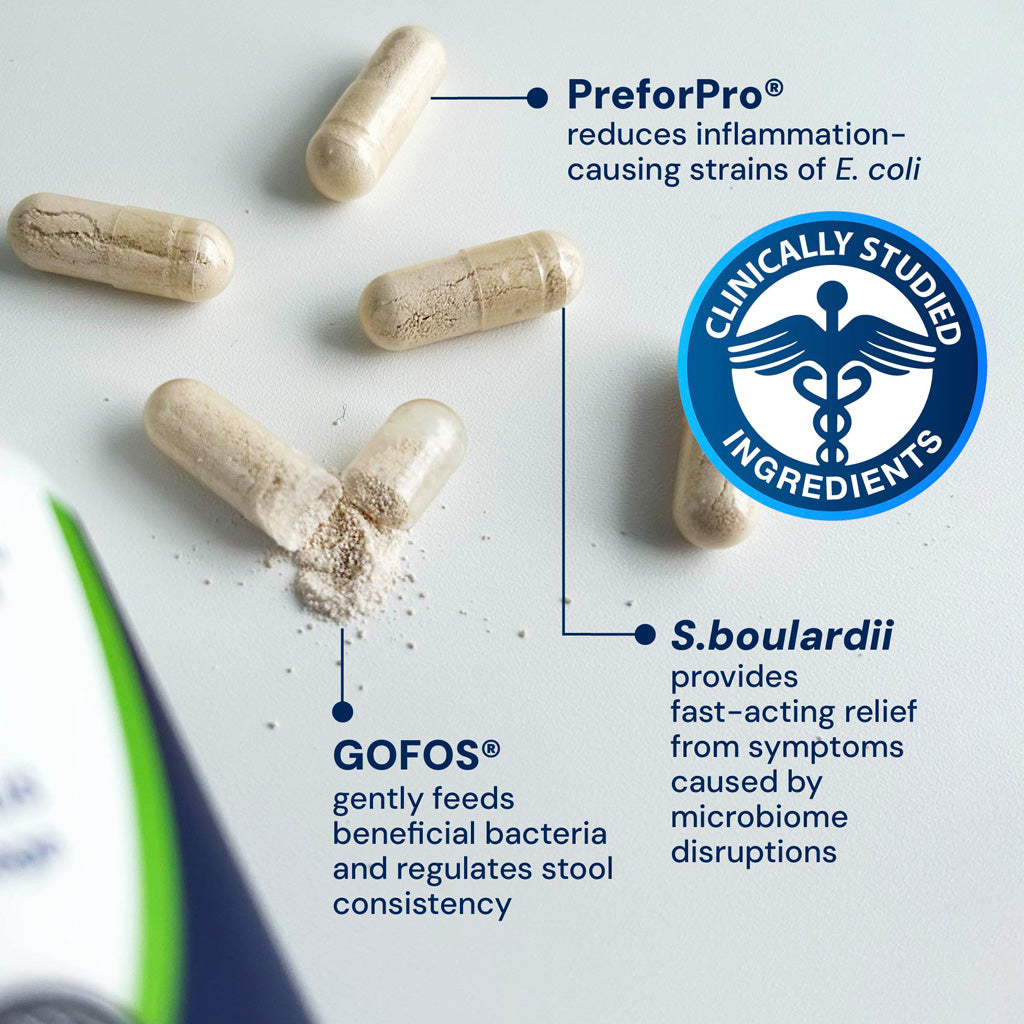 Capsules with text about PreforPro, GOFOS, and S. boulardii on a light background