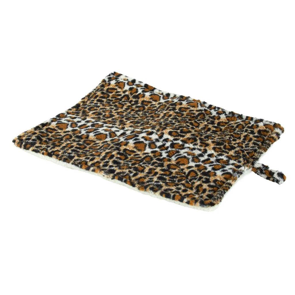 Leopard print mat on a white background