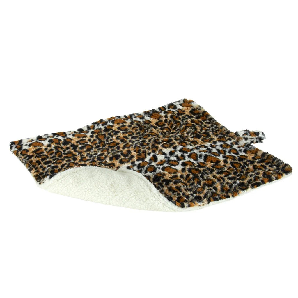 Leopard print rug with white border on a white background
