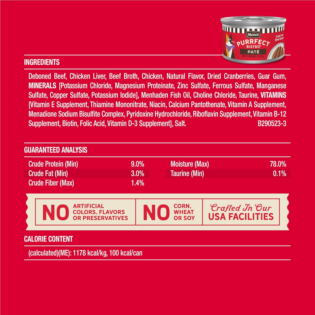 Merrick Purrfect Bistro Grain Free Premium Soft Canned Pate Adult Wet Cat Food High Protein Beef Recipe - 3-oz, case