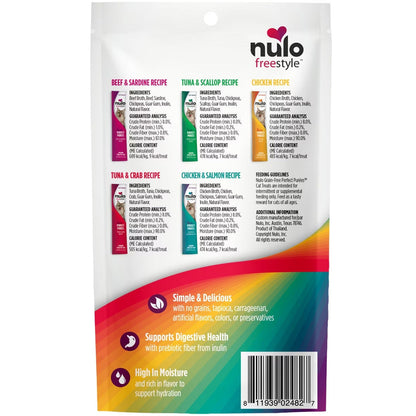 Nulo Freestyle pet food packaging with ingredient and recipe information on a white background