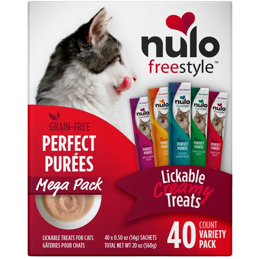 Nulo Freestyle cat food packaging with a cat and various product types on a white background