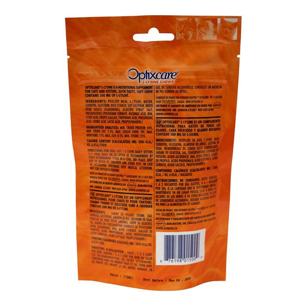 backside of optixcare lysine chews