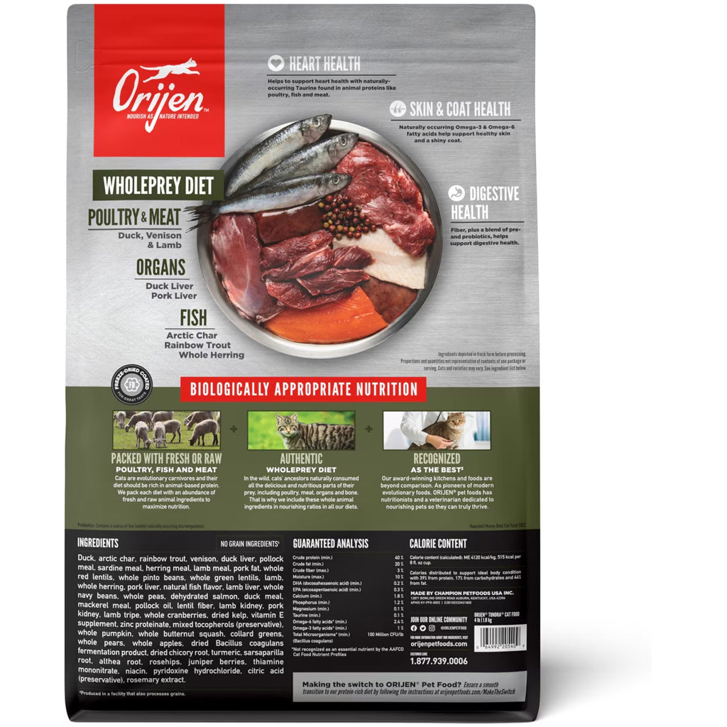 Orijen pet food package with images of raw meat and fish on a white background