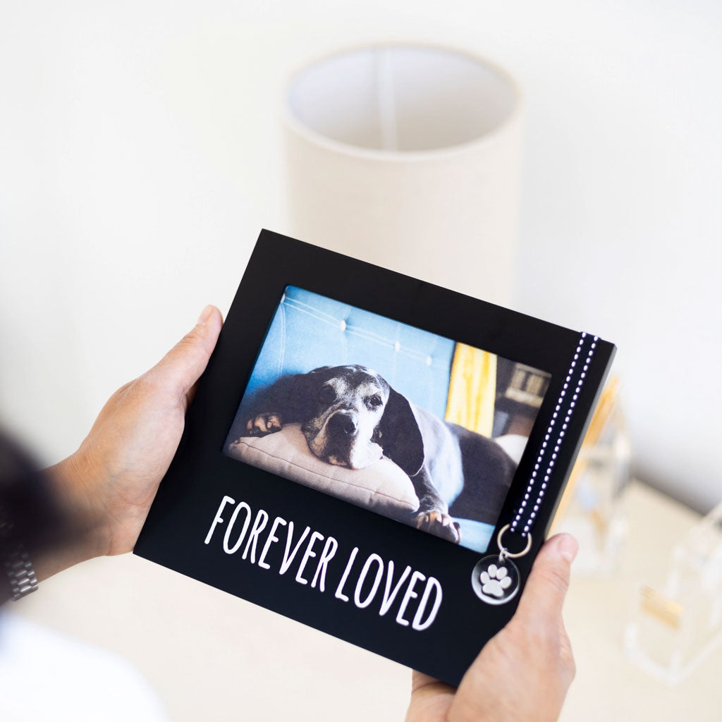 Black photo frame with a dog picture and 'Forever Loved' text held by hands.