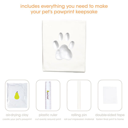 Pet pawprint keepsake kit with air-drying clay, plastic ruler, rolling pin, and double-sided tape on a white background.
