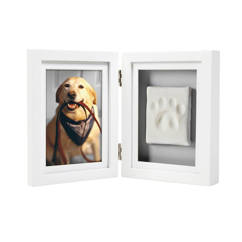 White double-sided frame with a photo of a dog and a paw print on a white background