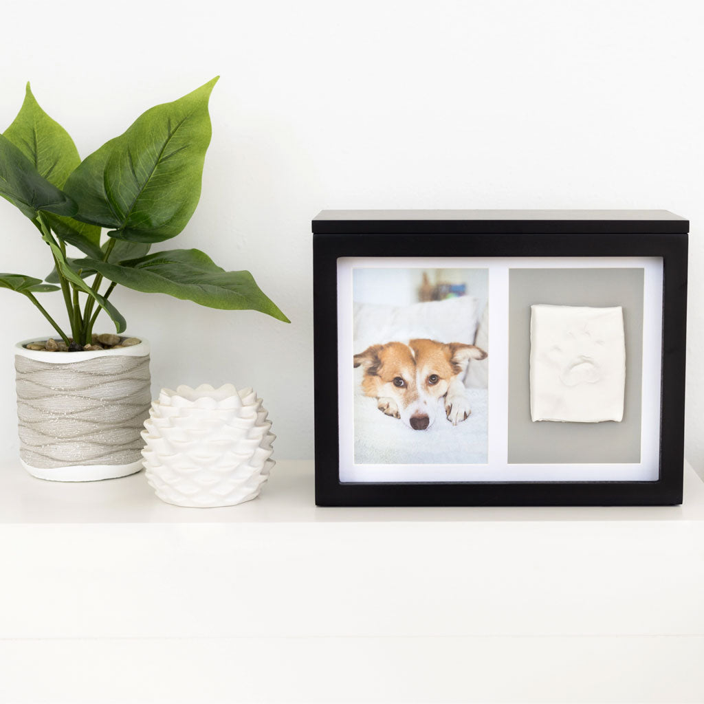 Black photo frame with a dog portrait and paw print on a white surface with a plant and decorative item.