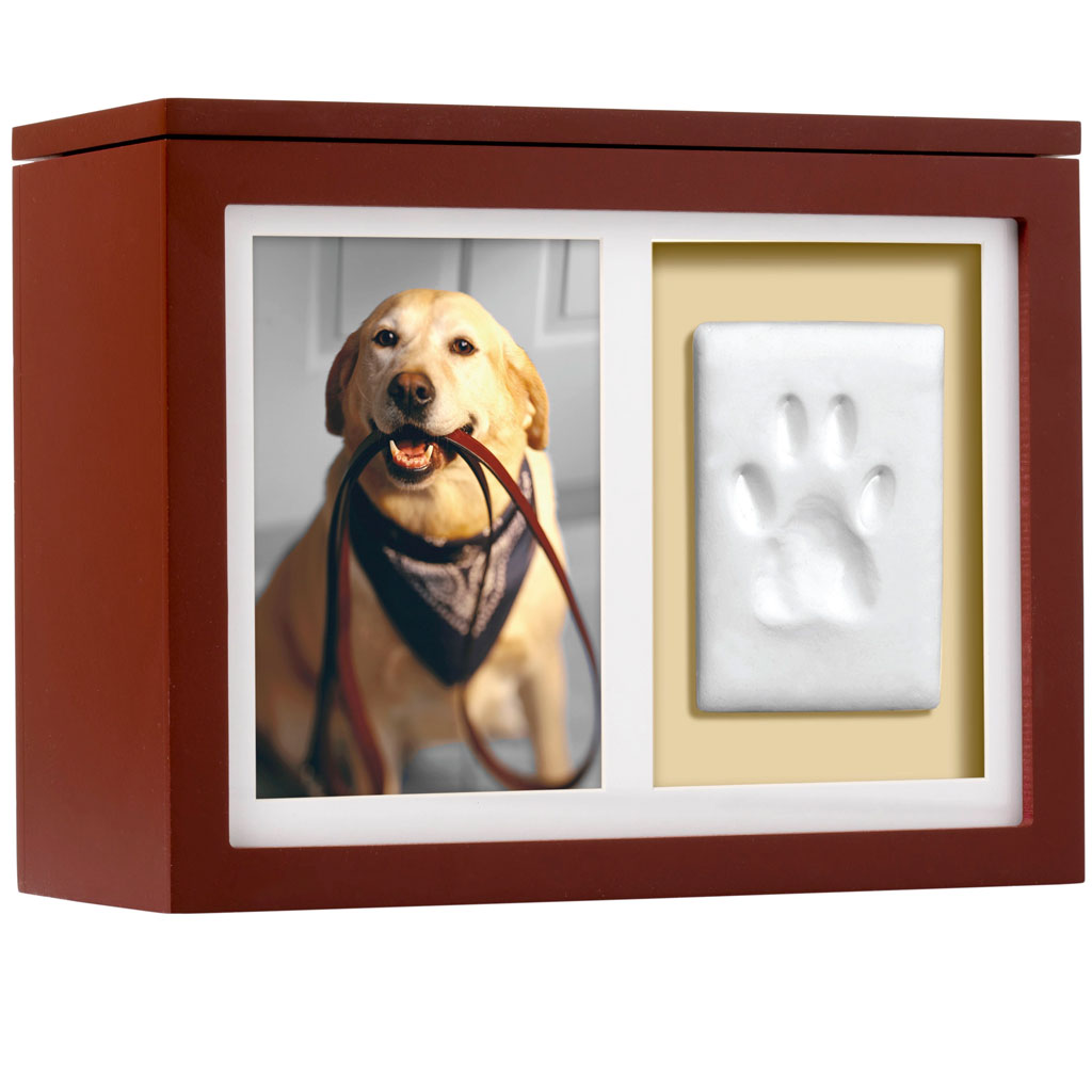Memorial box with a photo of a dog and a paw print impression on a white background