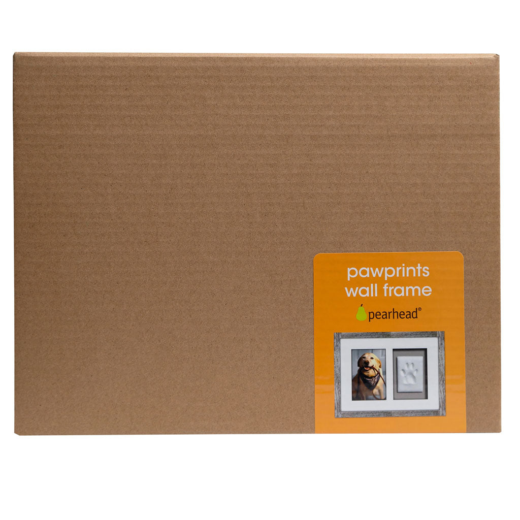 Brown wall frame packaging with 'pawprints wall frame' label on a white background
