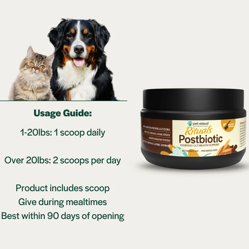 Pet relief product with usage guide and images of a dog and cat on a light gray background