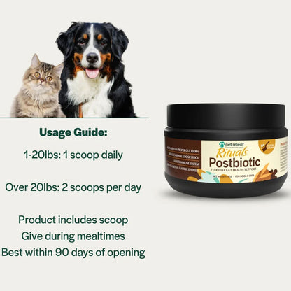 Pet relief product with usage guide and images of a dog and cat on a light gray background