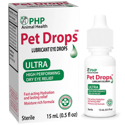 PHP Animal Health Pet Drops Lubricant Eye Drops packaging and bottle on a white background