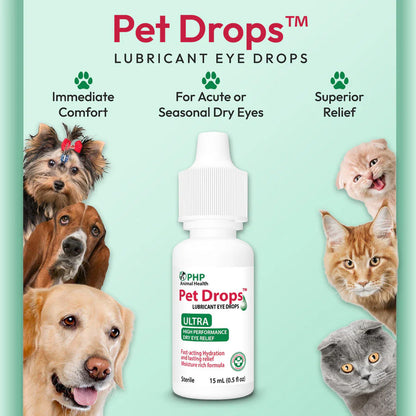 Pet Drops lubricant eye drops with images of dogs and cats on a light green background