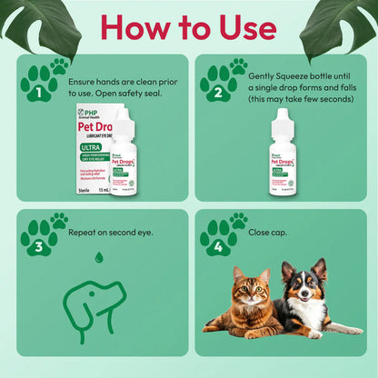 Instructions on how to use pet drops with images of a bottle and two dogs.