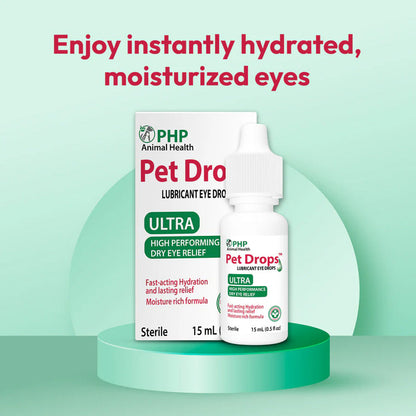 PHP Animal Health Pet Dro Lubricant Eye Drops on a green background