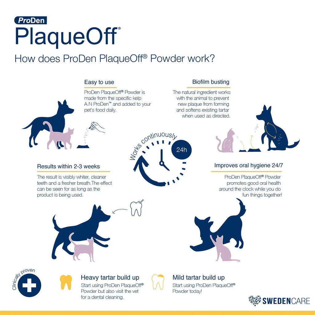 Infographic about ProDen PlaqueOff Powder for dogs, detailing its use and benefits.