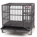 Black metal pet cage on wheels with a white background