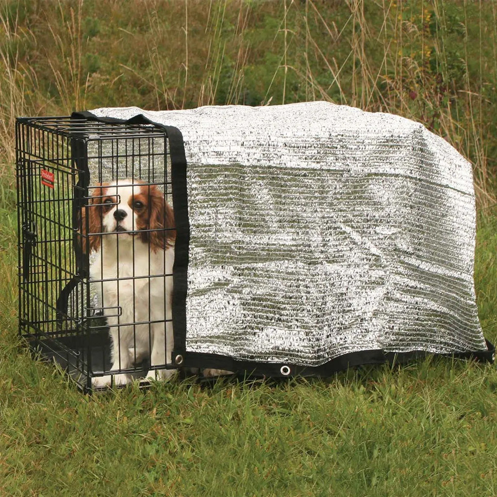 Dog in a crate with a cover in a grassy outdoor setting