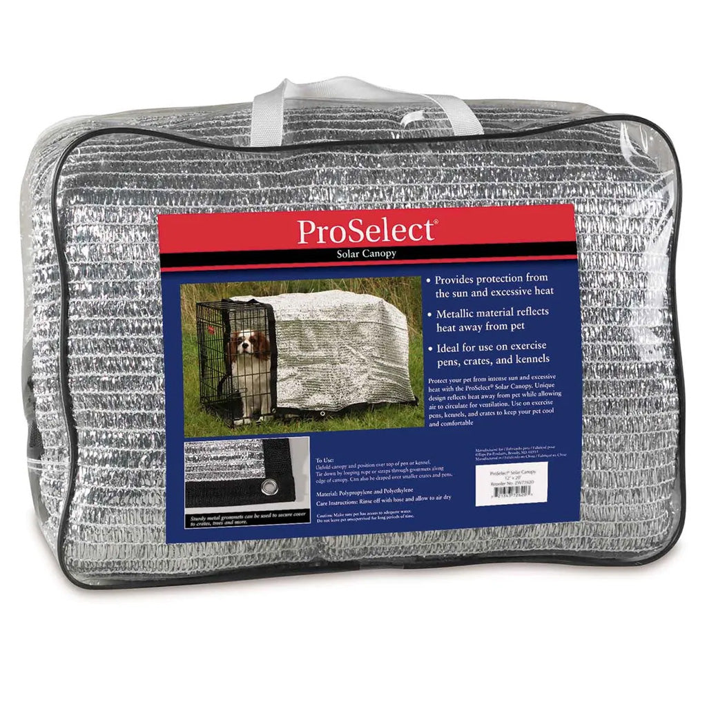 ProSelect solar canopy packaging with a dog and canopy image on a white background