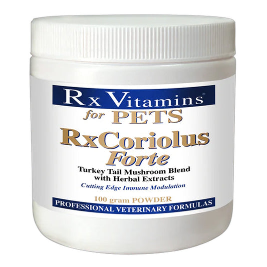 Jar of Rx Vitamins for Pets RxCoriolus Forte powder on a white background