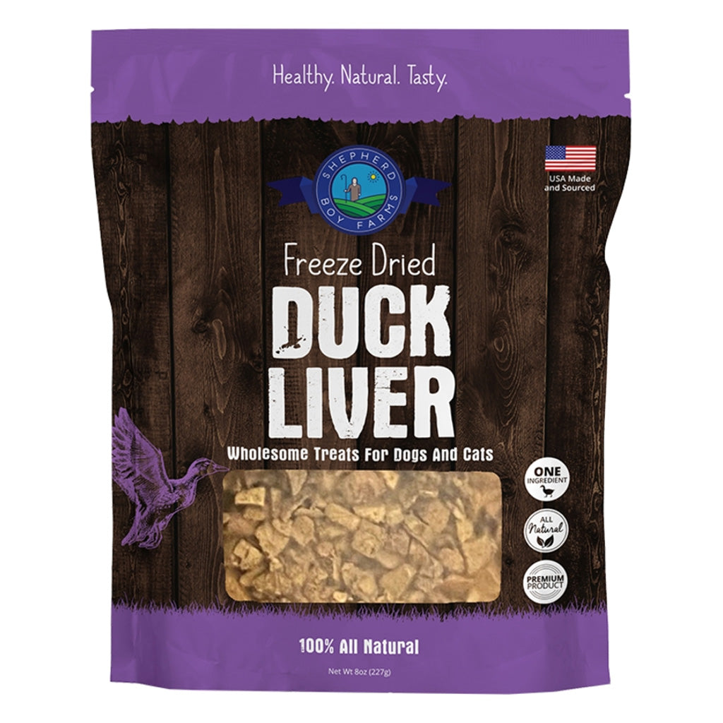 Package of freeze-dried duck liver treats for dogs and cats with a purple and brown design.