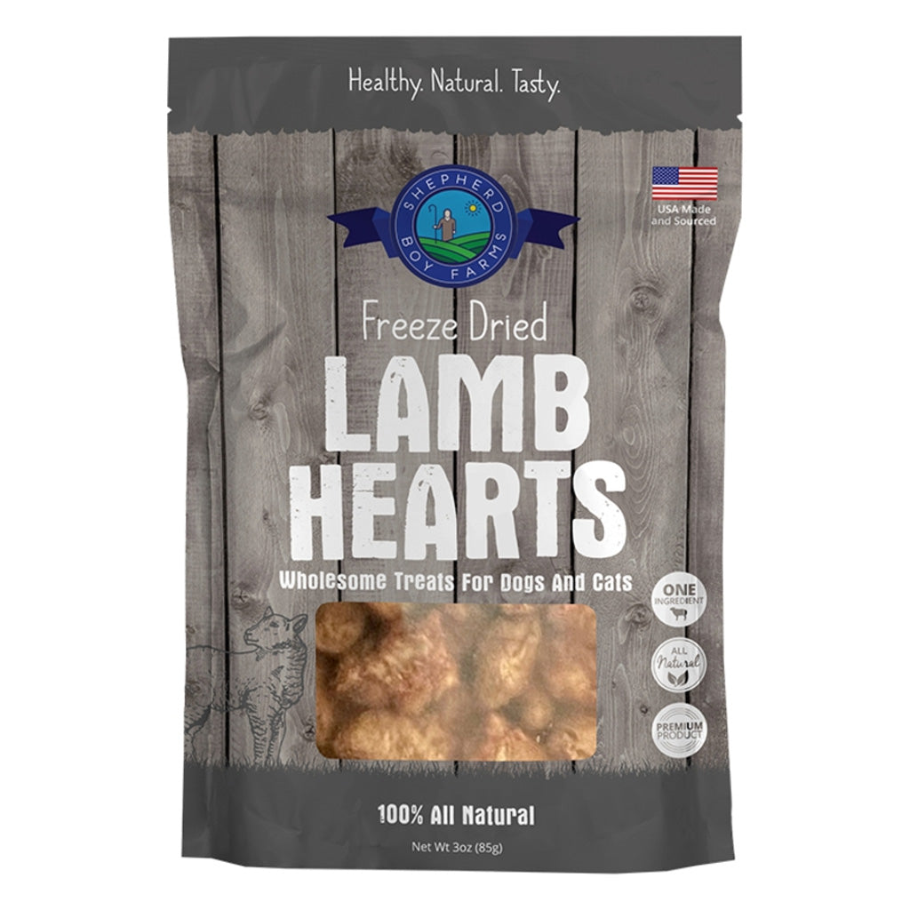 Package of freeze-dried lamb hearts for pets on a wooden background