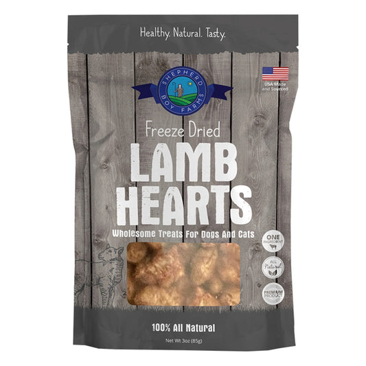 Package of freeze-dried lamb hearts for pets on a wooden background