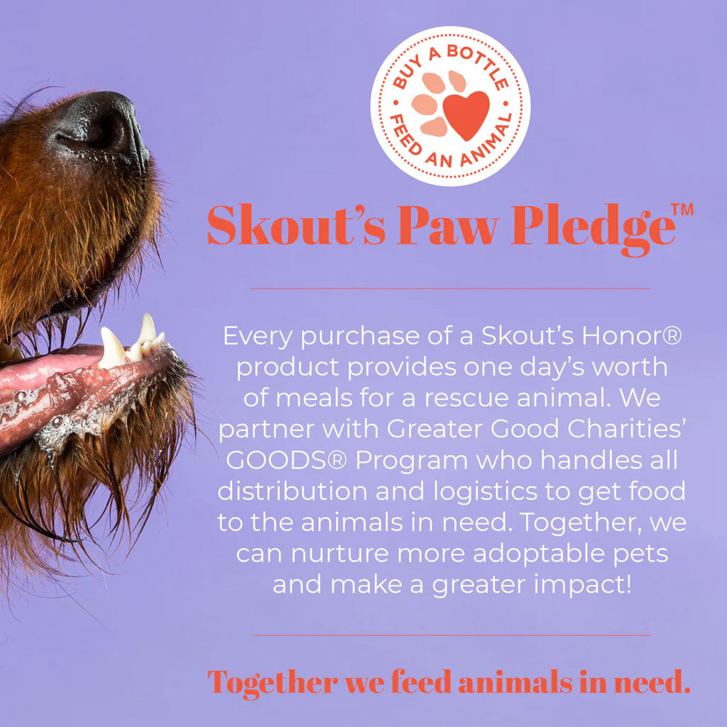 Promotional graphic for Skout's Paw Pledge with a dog's mouth and text about feeding rescue animals.
