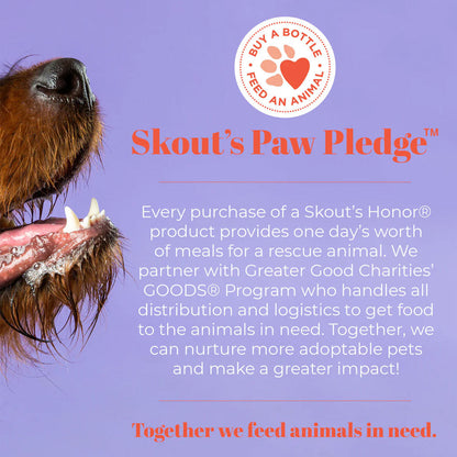 Dog's mouth with text about Skout's Paw Pledge and Greater Good Charities' GOODS Program on a purple background.