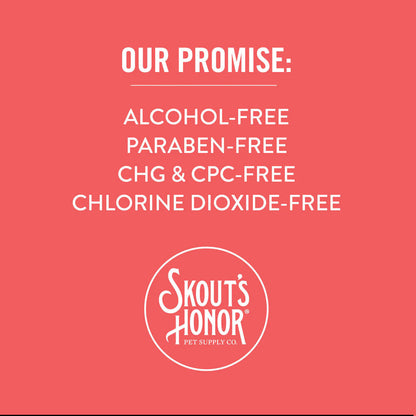 Skout's Honor product with promise of being alcohol-free, paraben-free, CHG & CPC-free, and chlorine dioxide-free on a pink background.