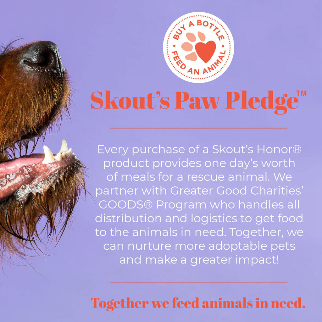 Advertisement for Skout's Paw Pledge with a dog's mouth open on a purple background