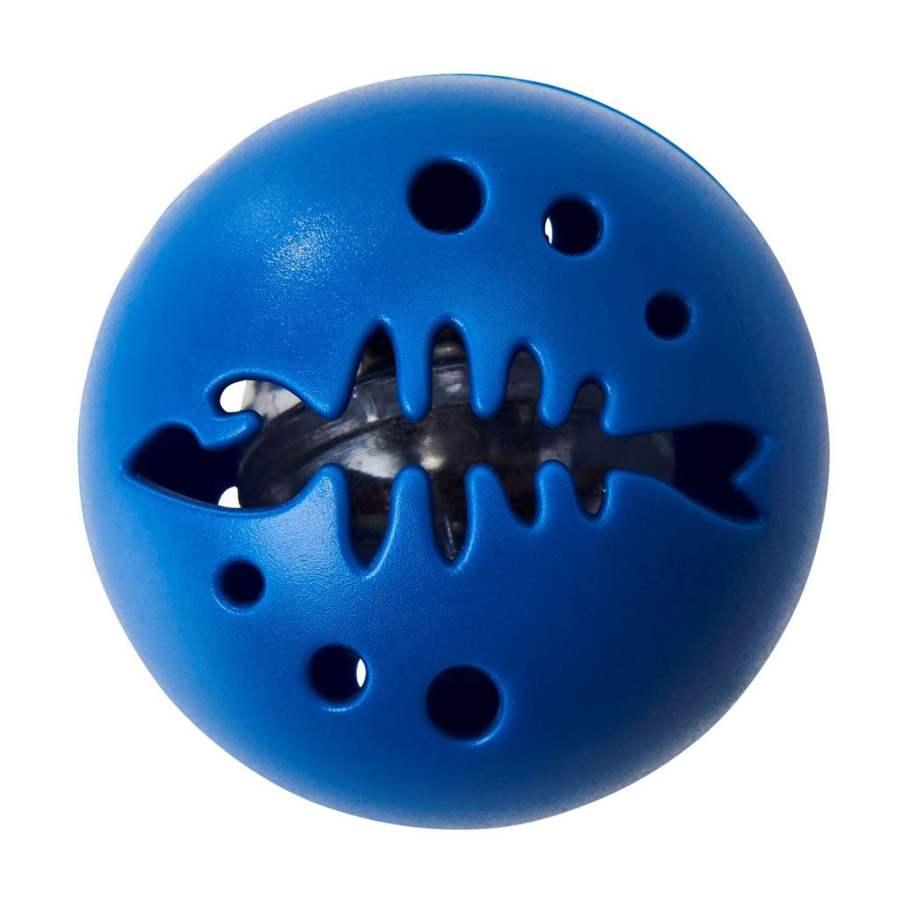 Blue ball with a black skeleton design on a white background