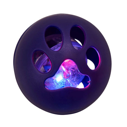Purple paw-shaped ball with LED lights on a white background