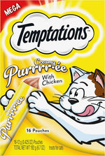 Temptations cat treats packaging with cartoon cat and yellow background