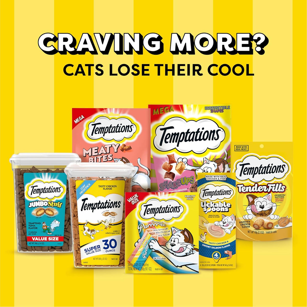 Assorted Temptations cat treats packaging on a yellow background with text 'Craving More? Cats Lose Their Cool'.