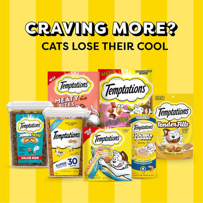 Assorted Temptations cat treats packaging on a yellow background with text 'Craving More? Cats Lose Their Cool'.