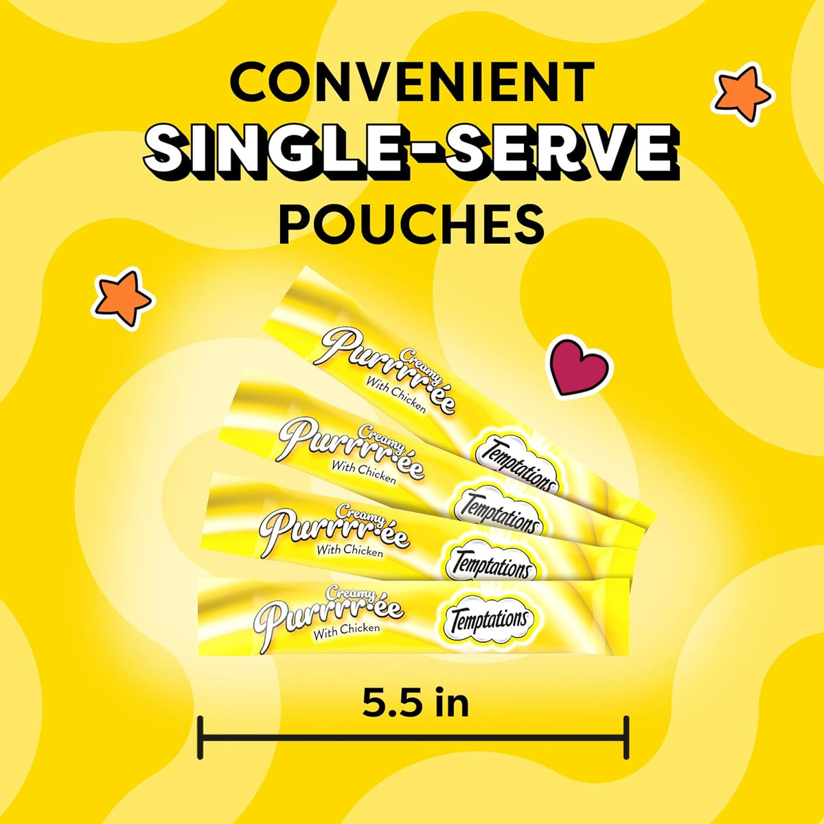 Packaging of Purrrrree and Temptations cat treats on a yellow background with text about single-serve pouches.