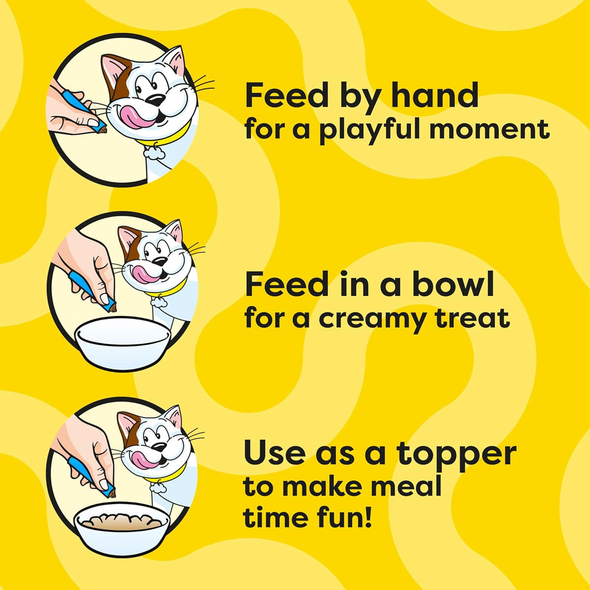 Instructions for using a cat product on a yellow background with cartoon cats and text.
