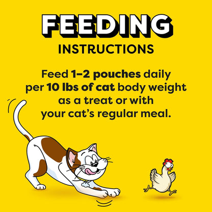 Feeding instructions for a cat product with cartoon cat and chicken on a yellow background