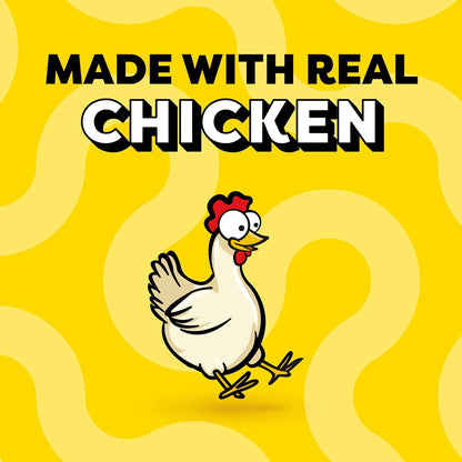 Cartoon chicken on a yellow background with text 'MADE WITH REAL CHICKEN'.